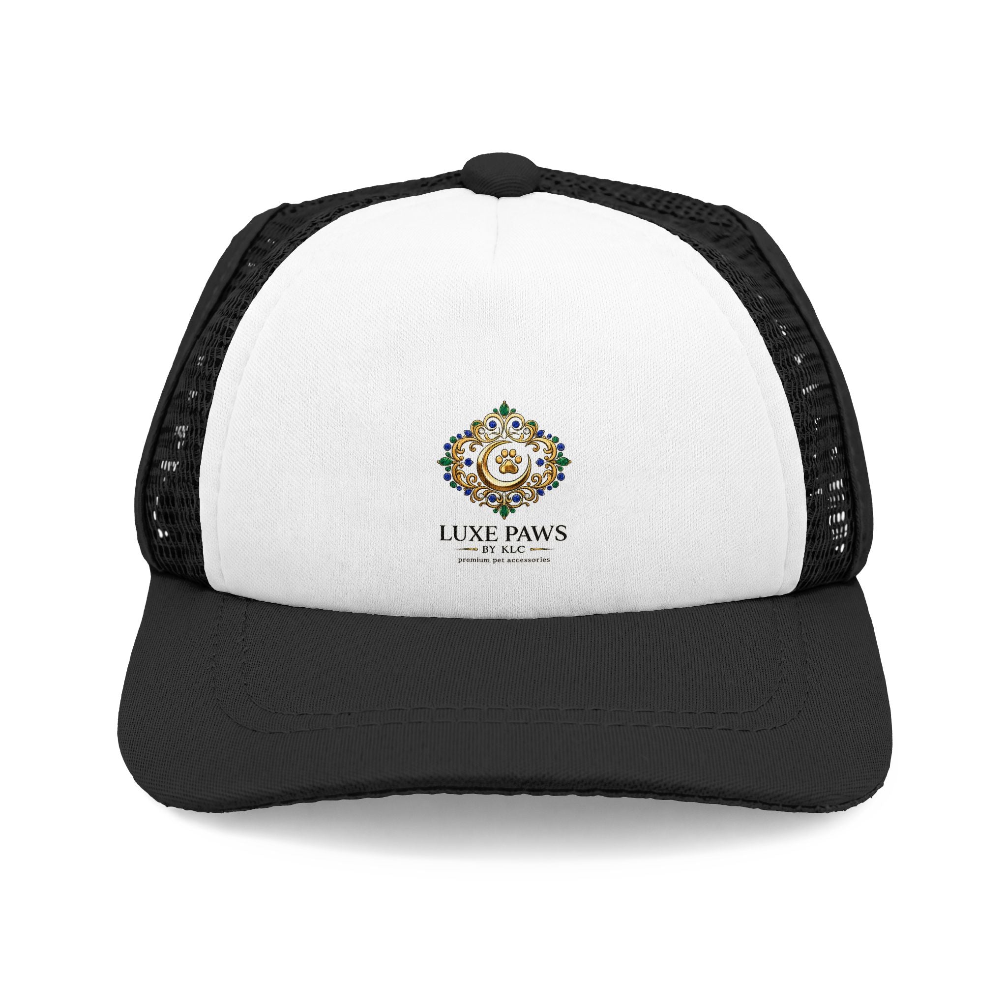 Luxe Paws Trucker Hat — Embroidered Dog Crest Foam Front Cap