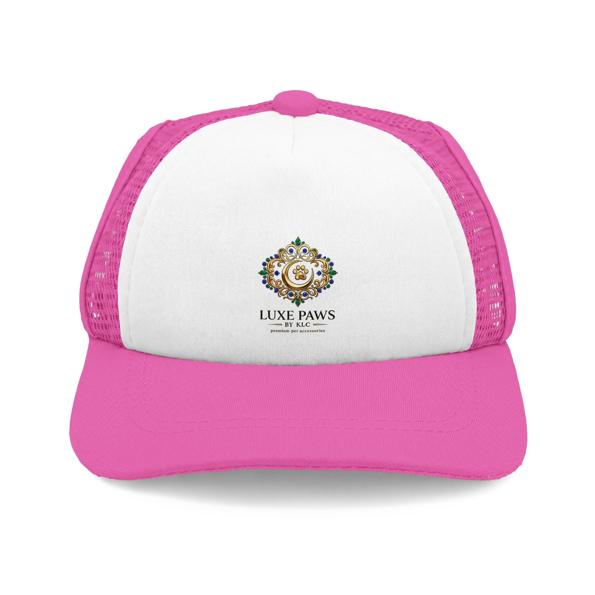 Luxe Paws Trucker Hat — Embroidered Dog Crest Foam Front Cap