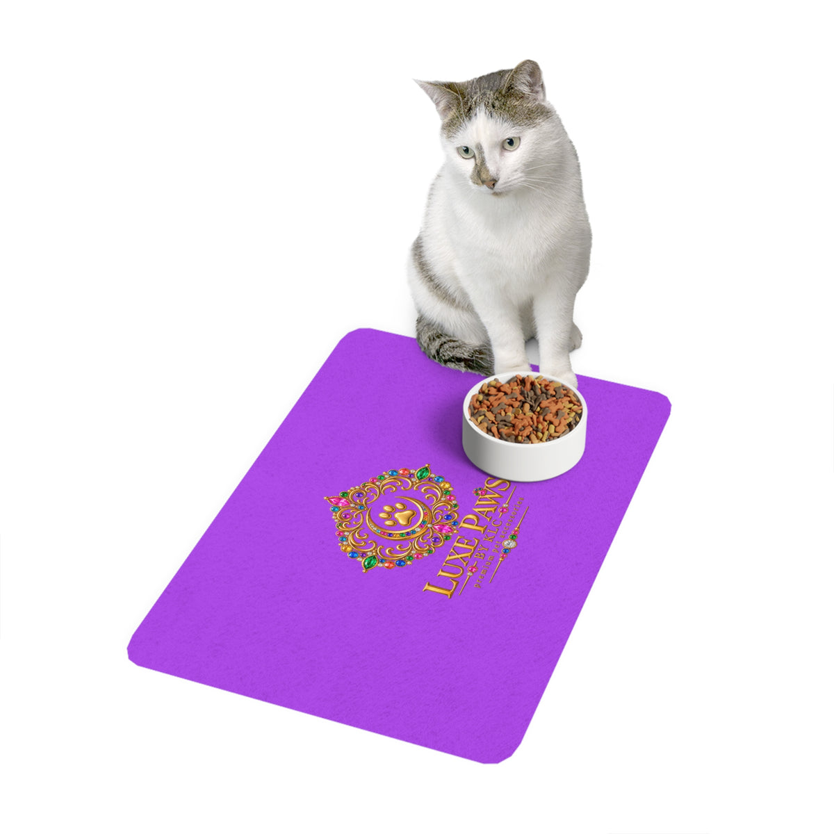 Luxe Paws Pet Food Mat (12x18) — Purple Elegant Non-Slip Feeding Placemat